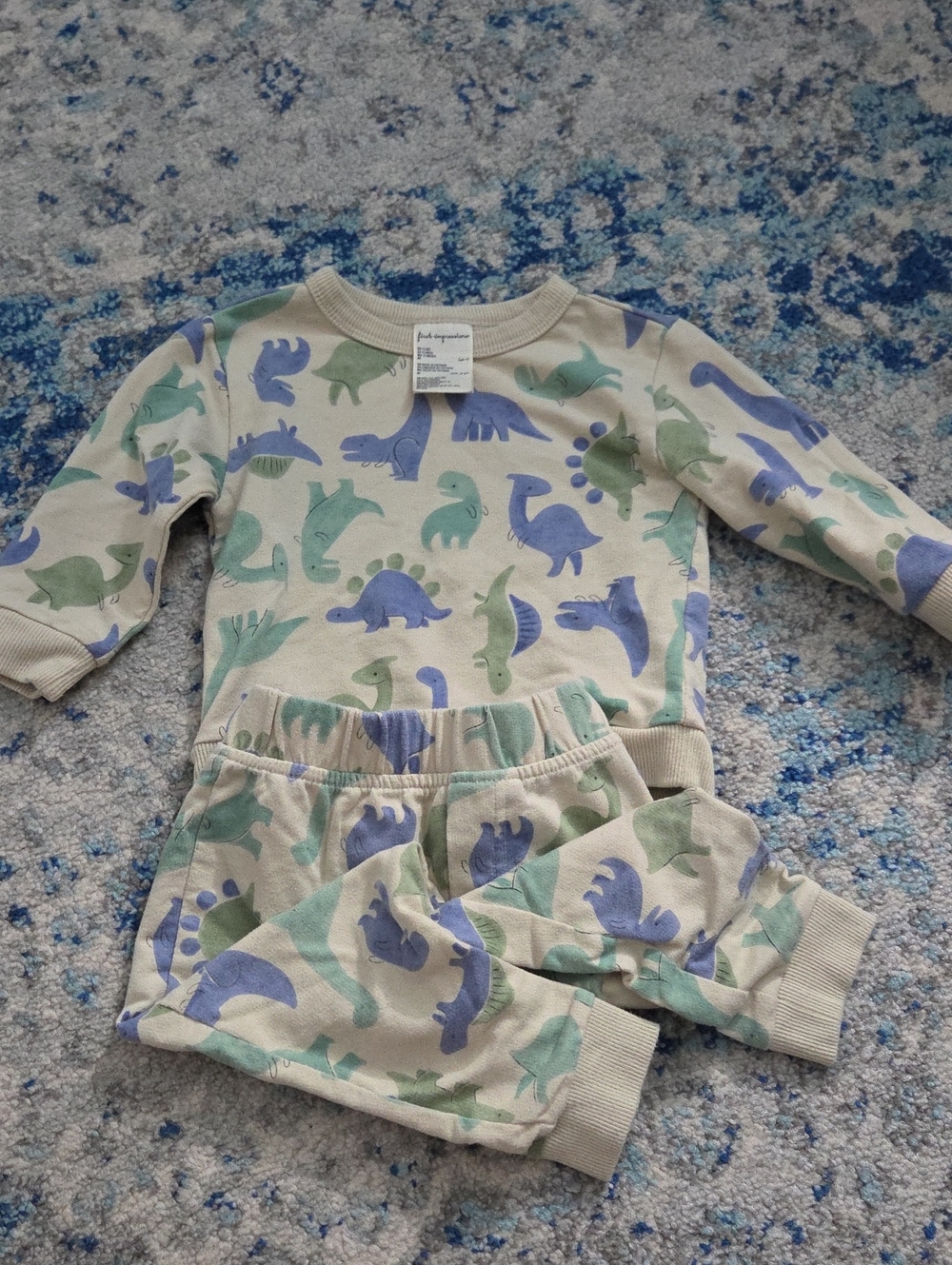 First Impressions Cream Pajama Set with Blue & Green Dinosaurs